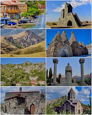 From top left:Downtown Goris • Goris gate Zangezur Mountains around GorisBell Monument • Settlement of old KoresGrigor Tatevatsi statueSurp Hripsimé Basilica • Saint Gregory Cathedral