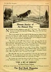 Three graphics panel at the top of a magazine page depict trees and a grass land. A dog, a Rough Collie, stands in the center panel. Text underneath the panels praise Terhune's writing abilities and call for readers to buy the next issue to read Terhune's next short story.