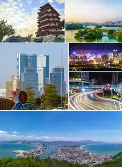 Top:Hejiang Tower, Huizhou West Lake,Middle:Jiangbei skyline, Huicheng District at nightBottom:Shuangyue Bay