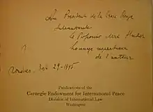 1945 dedication by Raphael Lemkin, who defined the term Genocide, to ICRC president Max Huber