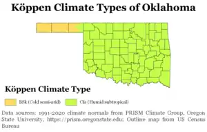 Image 4Köppen climate types of Oklahoma, using 1991-2020 climate normals. (from Geography of Oklahoma)