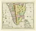 Kaart van Zuid-India Nova tabula terrarum Cucan, Canara, Malabaria, Madura, & Coromandella, cum parte septentrionali insulae Ceylon, in mari Indico Orientali edente Hadriano Relando (titel op object)