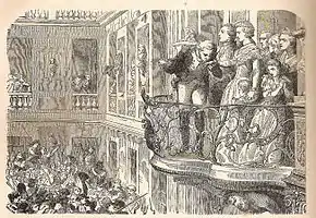 An illustration of Lafayette and the Queen on the balcony with crowds below