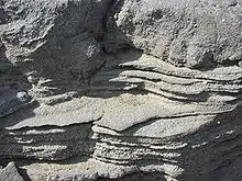 Stratified, congealed crude oil 100&nbsp;ft (30&nbsp;m) from the gusher site. The March 2008 image shows an area about 10&nbsp;in (250&nbsp;mm) across.