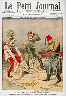 Image 25Illustration from the French magazine Le Petit Journal on the Bosnian Crisis. Bulgaria declares its independence and its prince Ferdinand is named Tsar. Austria-Hungary, in the person of Emperor Francis Joseph, annexes Bosnia and Herzegovina, while the Ottoman Sultan Abdul Hamid II looks on helplessly. (from Eastern Front (World War I))