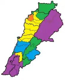 Listing the largest community in the Lebanese electorate, per qada and/or "minor district".Green = SunniPurple = ShiaBlue = DruzeYellow = MaroniteOrange = Greek OrthodoxRed = Armenian Orthodox