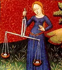 A woman holding the scales (Book of Hours, the Fastolf Master&nbsp;[fr], Bodleian Library)