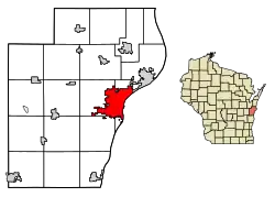 Location of Manitowoc in Manitowoc County, Wisconsin.