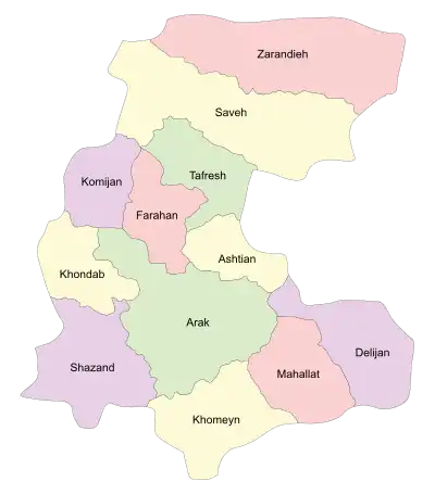 Location of Komijan County in Markazi province (center left, purple)