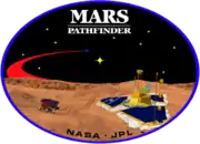 An image inside an oval, depicting two spacecraft, one a lander, and one a rover, on the surface of Mars. The words "Mars Pathfinder" are written on the top and the words "NASA · JPL" are written on the bottom.
