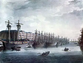 Image 13Sailing ships at West India Docks on the Isle of Dogs in 1810. The docks opened in 1802 and closed in 1980 and have since been redeveloped  as the Canary Wharf development.