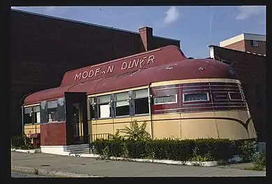 Modern Diner, diagonal front detail, Dexter Avenue, Pawtucket, Rhode Island (1978)