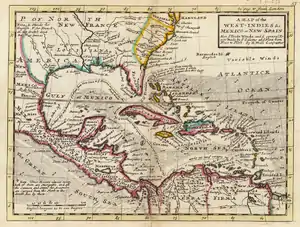 Image 9A 1736 colonial map by Herman Moll of the West Indies and Mexico, together comprising "New Spain", with Cuba visible in the center. (from History of Cuba)