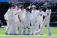 The New Zealand cricket team celebrating a wicket.