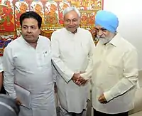 Nitish Kumar meeting the Deputy Chairman, Planning Commission, Shri Montek Singh Ahluwalia, for finalizing plan size for 2013–14 for the State, in New Delhi. The Minister of State for Parliamentary Affairs & Planning.
