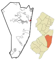 Map of Dover Beaches South CDP in Ocean County. Inset: Location of Ocean County in New Jersey.