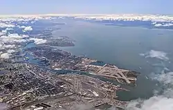 Aerial view, with Alameda Island and the bay