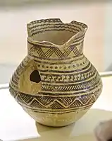 Jar decorated with diverse geometric patterns; 4900-4300 BC; ceramic; by Halaf culture; Erbil Civilization Museum (Erbil, Iraq)