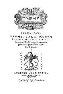 &nbsp;Title page of the book, showing an engraved image of an eagle atop a globe flanked by serpents and the Latin motto&nbsp;"In virtute, et fortuna"