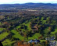 Aerial view of golf course and club house