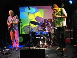 Ian Staples (left), Roger Telford (centre) and Jon Seagroatt (right) performing live in Oxford, 2011.