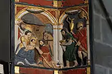 The three wise kings come bearing gifts. Another scene on the shutters of the altarpiece.