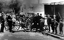 Seattle Volunteer Fire Company engine Number 1 in 1883 at the engine house on Columbia Street