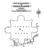 Ground plan of the second stupa, of a cruxiform shape. The central square plinth is 175 feet (53&nbsp;m) wide, the full width, including the stairs is 272 feet (83&nbsp;m).