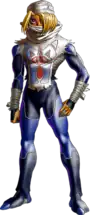 Artwork of Sheik wearing a mask and a blue and white unitard