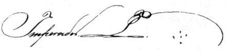 Cursive signed Imperador followed by a script P and 5 dots arranged as a cross