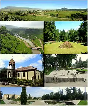 From top left:Panoramic view of StepanavanDzoraget River • Stepanavan DendroparkSurp Sarkis Church • Memorial to Sos SargsyanStepanavan central square