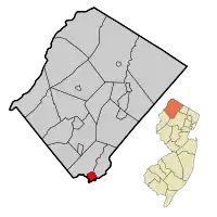Map of Stanhope in Sussex County. Inset: Location of Sussex County highlighted in the State of New Jersey.