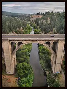 High Bridge Park looking north from the railroad bridge, showing the Sunset Boulevard Bridge and Latah Creek