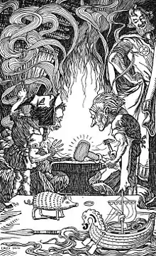 Image 54The third gift — an enormous hammer (1902) by Elmer Boyd Smith and the ring Draupnir is visible among other creations by the Sons of Ivaldi (from List of mythological objects)