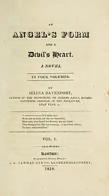 Title page of Selina Davenport's An Angel's Form and a Devil's Heart: a Novel (London: Minerva Press, 1818)
