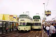 English Electric Balloon tram No. 712 and Millennium tram No. 707 at Sandcastle Water Park in July 1998