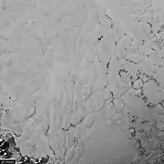 Close-up photograph (context) showing polygonal convection cells in the nitrogen ice of Sputnik Planitia, the western lobe of Tombaugh Regio(14 July 2015).