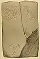 1856 drawing of the symbols on the stone. To the left is a double disc with Z-rod, to the right a fish monster and a sword.  The head with antennae is a 19th-century addition.