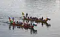 Two dragon boat crews racing during a practice a few weeks before the start of the Rose Festival