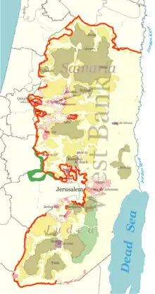 Image 32The Israeli West Bank barrier route built (red), under construction (pink) and proposed (white), (from History of Israel)