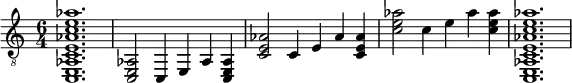 {
\clef "treble_8"
\time 6/4
< c, e, aes, c e aes c' e' aes' >1.
||
< c, e, aes, >2
<c,>4
<e,>4
<aes, >4
< c, e, aes, >4
||
< c e aes >2
<c >4
<e >4
<aes >4
< c e aes >4
||
<c' e' aes' >2
<c' >4
<e' >4
<aes' >4
< c' e' aes' >4
||
<c, e, aes, c e aes c' e' aes'>1.
}