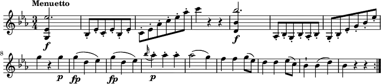 \relative c' {
\clef "treble"
\tempo "Menuetto"
\key ees \major
\time 3/4
\tempo 4 = 120
<<{<g ees'>4\f s2 } \\ { \stemUp ees''2.}>>
bes,8-. ees-. c-. ees-. bes-. ees-.
\stemDown c-. ees-. aes-. c-. ees-. aes-.
c4 r4 r4
<<{<d,, bes'>4\f s2 } \\ { \stemUp bes''2.}>>
\stemUp aes,,8-. bes-. g-. bes-. aes-. bes-.
g-. bes-. ees-. g-. bes-. ees-.
\stemDown g4 r4 g\p
g\fp (d es)
g\fp (d es)
\grace bes'16 (aes4)-.\p aes-. aes-.
aes2 (g4)
f f g8 (ees)
d4 d ees8 (c)
bes4-! bes (d)
bes r4 r4 \bar ":|."
}