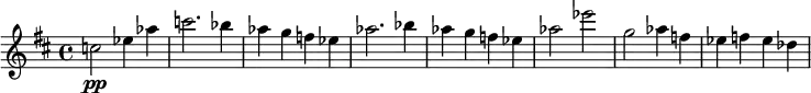 \relative c'' {
\key d \major
c2\pp es4 as4 | c2. bes4 | as g f es | as2. bes4 | as g f es | as2 es' | g, as4 f | es f es des
}