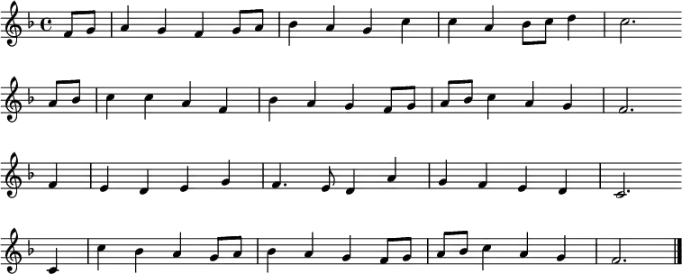 \new Staff <<
\clef treble \key f \major {
\time 4/4 \partial 4
\relative f' {
f8 g | a4 g f g8 a | bes4 a g c | c a bes8 c d4 | c2. \bar"" \break
a8 bes | c4 c a f | bes a g f8 g | a bes c4 a g | f2. \bar"" \break
f4 | e d e g | f4. e8 d4 a' | g f e d | c2. \bar"" \break
c4 | c' bes a g8 a | bes4 a g f8 g | a bes c4 a g | f2. \bar"|."
}
}
%\new Lyrics \lyricmode {
%}
>>
\layout { indent = #0 }
\midi { \tempo 4 = 86 }