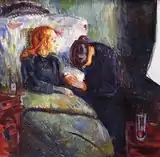 Edvard Munch, The Sick Child, 1907. 3rd in the series. Oil on canvas, 118&nbsp;cm (46&nbsp;in) x 120&nbsp;cm (47&nbsp;in). Thiel Gallery, Stockholm.