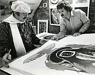 Karel Apppel, 1979: Appel at the left, with cap & Rudolf Bikkers (right), in the studio's of Editions Canada, London, Ontario, Canada, photo by BabyBikk