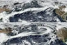Two wide photos showing a long stream of clouds ranging over the Pacific ocean