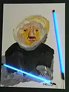 Karel Appel, 2005: 'Portrait of Rudi Fuchs, painting on canvas with neon-tubes; location: van Abbemuseum, Eindhoven, The Netherlands