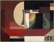 Sophie Taeuber-Arp, 1920: 'Composition Dada / Tête au plat', oil on canvas glued on cardboard framed under glass; current location: Centre Pompidou -no. AM 2003-333; - quote of Hans Arp, 1950's: 'It was Sophie [his wife]  who, by the example of her work and her life, both of them bathed in clarity, showed me the right way'