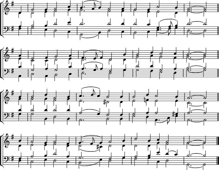 
\new ChoirStaff <<
  \new Staff { \clef treble \time 6/4 \key g \major \partial 4 \set Staff.midiInstrument = "church organ" \omit Staff.TimeSignature \set Score.tempoHideNote = ##t \override Score.BarNumber  #'transparent = ##t
  \relative c'
  << { d4 | g2 4 a2 c4 | b4.( a8 b4) a2 a4 | g2 4 c2 b4 | a2. ~ 2 \bar"||" \break
       a4 | e2 fis4 g2 a4 | fis4.( e8 fis4) d2 b'4 | 2 d4 c2 4 | b2. ~ 2 \bar"||" \break
       b4 | 2 d4 a2 b4 | c4.( d8 c4) b2 4 | 2 d4 c2 b4 | a2. ~ 2 \bar"||" \break
       b4 | a2 g4 a2 fis4 | g4.( fis8 g4) a2 b4 | d2 b4 c a2 | g2. ~ 2 \bar"|." } \\
  { d4 | 2 e4 fis2 g4 | 2. fis2 4 | g2 e4 2 d4 | fis2. ~ 2
    e4 | c2 4 d2 e4 | d2. 2 4 | g2 a4 g2 fis4 | g2. ~ 2
    g4 | 2 4 fis2 g4 | e2. dis2 4 | e2 f4 e2 4 | c2. ~ 2
    d4 | e2 4 fis2 d4 | 2( cis4) d2 4 | 2 4 g fis2 | g2. ~ 2 } >>
  } 
\new Staff { \clef bass \key g \major \set Staff.midiInstrument = "church organ" \omit Staff.TimeSignature
  \relative c'
  << { a4 | b2 4 d2 e4 | d2. 2 4 | 2 c4 g4.( a8 b4) | d2. ~ 2
       c4 | g2 a4 g2 c4 | a4.( g8 a4) fis2 g4 | d'2 4 g,2 a4 | b2. ~ 2
       d4 | 2 4 2 4 | a2( g4) fis2 4 | g2 a4 2 gis4 | a2. ~ 2
       fis4 | a2 b4 d2 a4 | g2. fis2 g4 | a2 b4 e d( c) | b2. ~ 2 } \\
  { fis4 | g2 e4 d2 c4 | g2( b4) d2 c4 | b2 c4 e4.( fis8) g4 | d2. ~ 2
    a4 | c2 a4 b2 c4 | d2. 2 g4 | 2 fis4 e2 d4 | g2. ~ 2
    g4 | 2 b,4 d2 b4 | a2. b2 4 | e2 d4 a4.( c8) e4 | a,2. ~ 2
    d4 | c2 e4 d2 c4 | b2( e4) d2 g4 | fis2 g4 c, d2 | g,2. ~ 2 } >>
  } 
>>
\layout { indent = #0 }
\midi { \tempo 4 = 168 }
